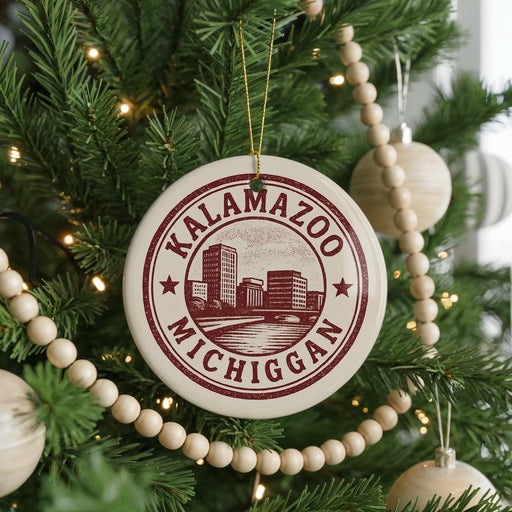 A Christmas tree decorated with ornaments, including a circular ornament with the text "KALAMAZOO, MICHIGAN" printed on it.
