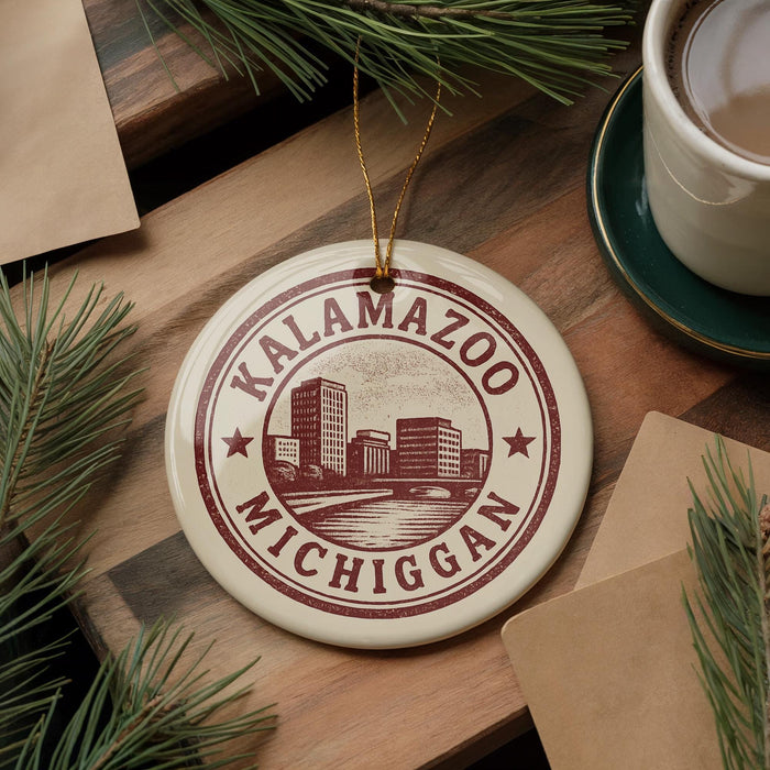 A circular ornament with the text "KALAMAZOO MICHIGAN" printed on it, surrounded by pine branches and a cup of coffee on a wooden surface.