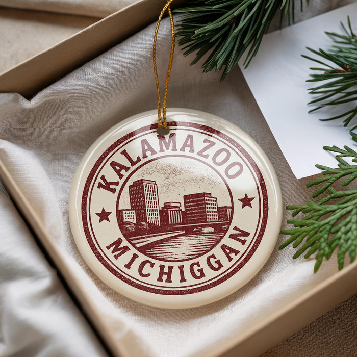 A circular ornament with the text "KALAMAZOO, MICHIGAN" printed on it, hanging from a string.