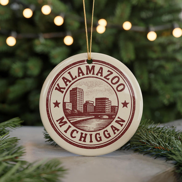 A circular ornament with the text "KALAMAZOO, MICHIGAN" printed on it, surrounded by a decorative border and a graphic of a city skyline.