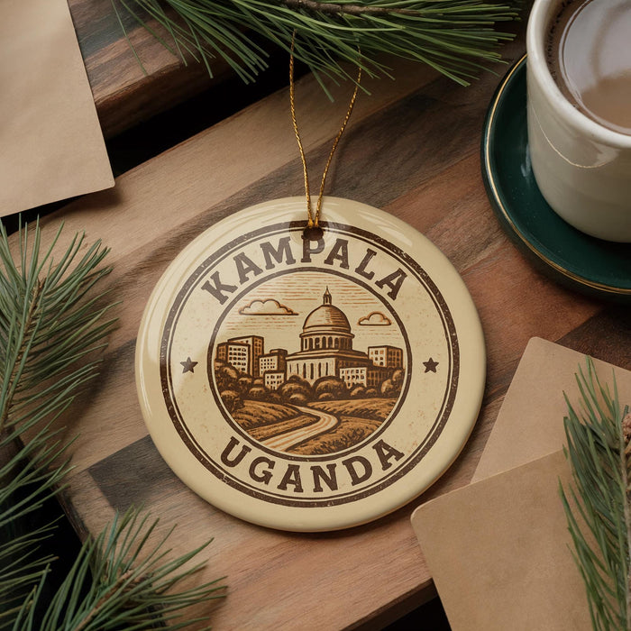 A decorative ornament with the text "KAMPALA UGANDA" and an illustration of a cityscape is displayed on a wooden surface, surrounded by pine branches and a cup of coffee.