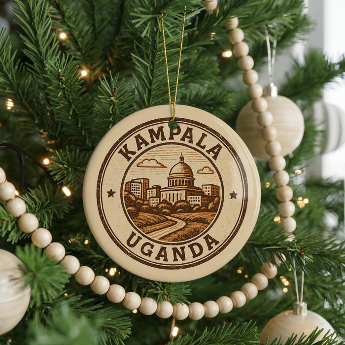 A Christmas tree decorated with ornaments, including a circular ornament with the text "Kampala Uganda" and an illustration of Kampala, Uganda.