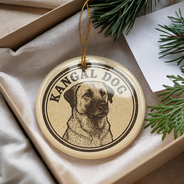 A circular ornament featuring a kangaroo dog illustration, with the text "KANGAL DOG" printed on it.
