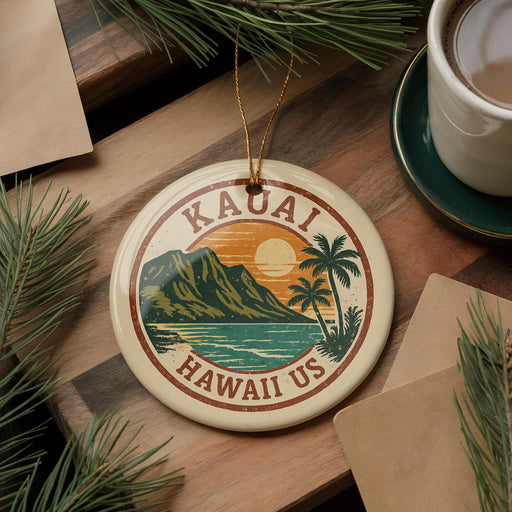 A circular ornament with the text "Kauai Hawaii Us" and a tropical landscape design, including a mountain, palm tree, and ocean, is displayed on a wooden surface alongside a cup of coffee and some pine branches.