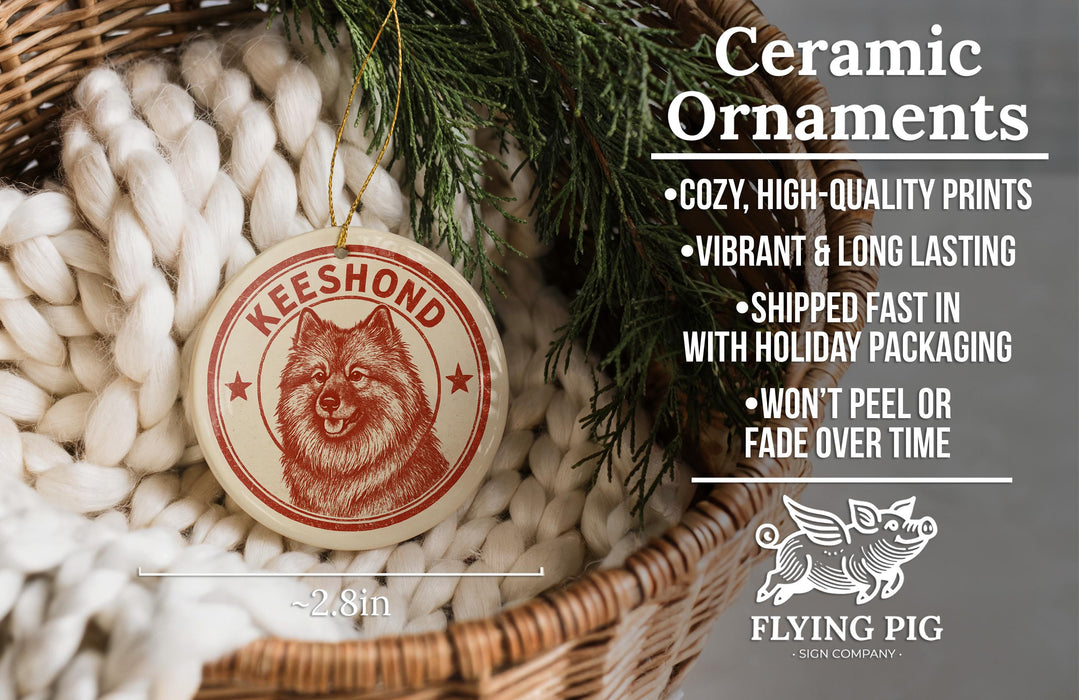 a ceramic ornament hanging from a wicker basket, with a text overlay providing information about the ornament.
