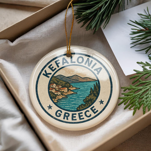 A decorative ornament with the text "KEFALONIA GREECE" and an illustration of a coastal town, surrounded by pine branches.