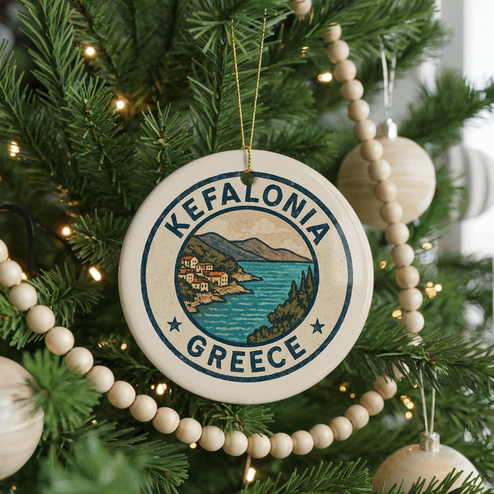 A Christmas tree decorated with ornaments, including a circular ornament with the text "Kefalonia Greece" and a scenic illustration of a coastal town.