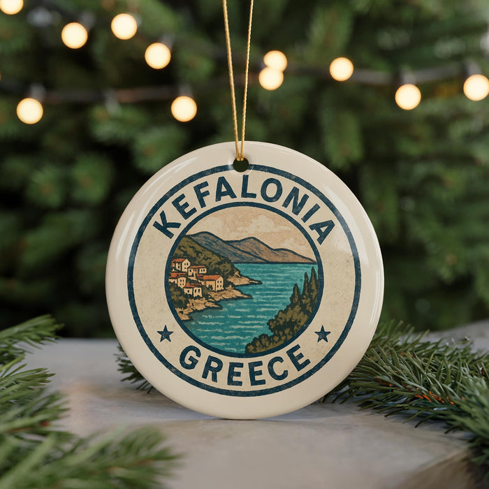 A circular ornament with the text "Kefalonia Greece" and an illustration of a coastal town, surrounded by Christmas lights and greenery.