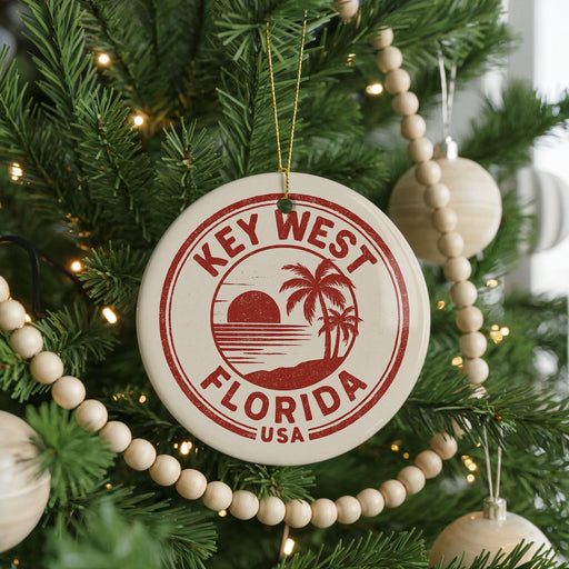 A Christmas tree decorated with ornaments, including a circular ornament with the text "KEY WEST FLORIDA USA" and a palm tree design.