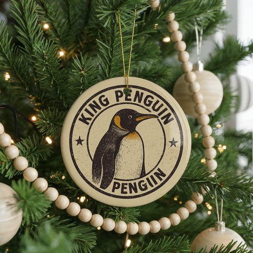 A round ornament on a Christmas tree featuring a penguin, with the text "KING PENGUIN PENGUIN" around the penguin's neck.