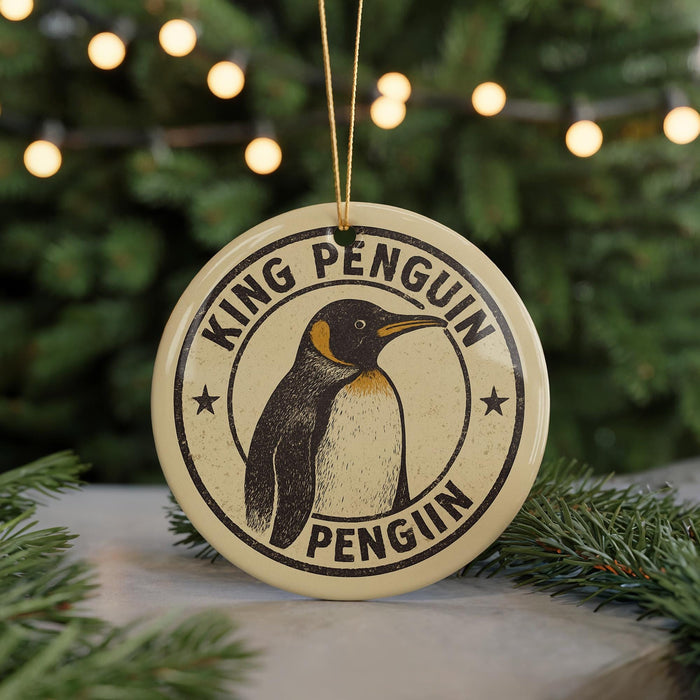 A round ornament featuring a penguin, with the text "KING PENGUIN PENGUIN" around the penguin's head.