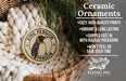 Ceramic ornaments, featuring a King Penguin ornament, are displayed in a wicker basket.