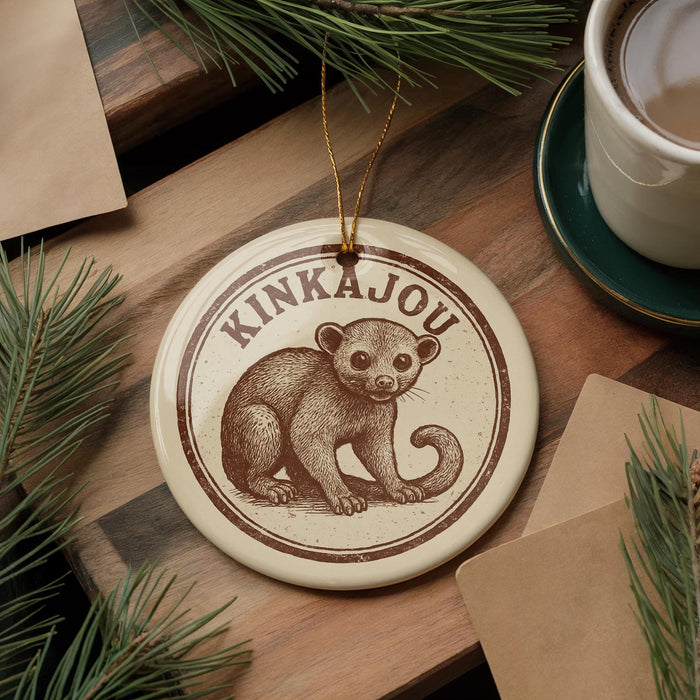 A circular ornament featuring a kinkajou monkey, a type of primate, is displayed on a wooden surface alongside a cup of coffee and some pine branches.
