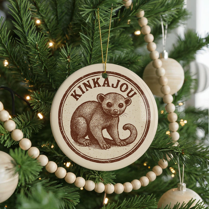 A Christmas tree decorated with ornaments, including a circular ornament with a drawing of a kinkajou monkey and the text "KINKAJOU".
