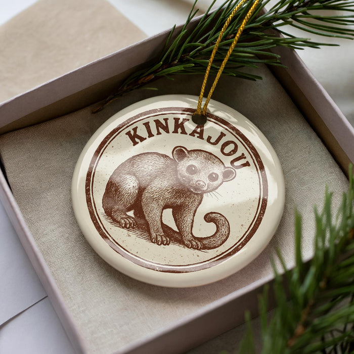 A circular ornament with a brown and white design featuring a small animal, likely a porcupine, is displayed in a box with pine branches.