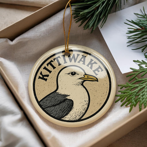 A circular ornament with a bird image and the word "KITTIWAKE" written on it, placed in a box with pine branches.
