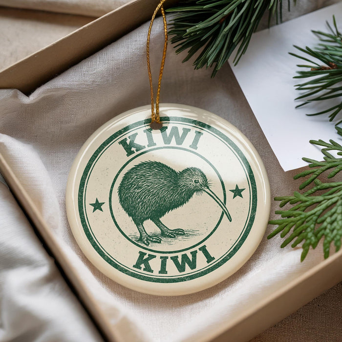 A circular ornament with a kiwi bird design and the text "Kiwi Kiwi" printed on it, hanging from a string.
