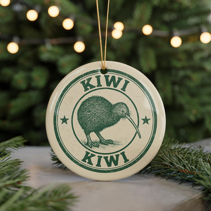 A circular ornament featuring a kiwi bird design, with the text "KIWI" prominently displayed.