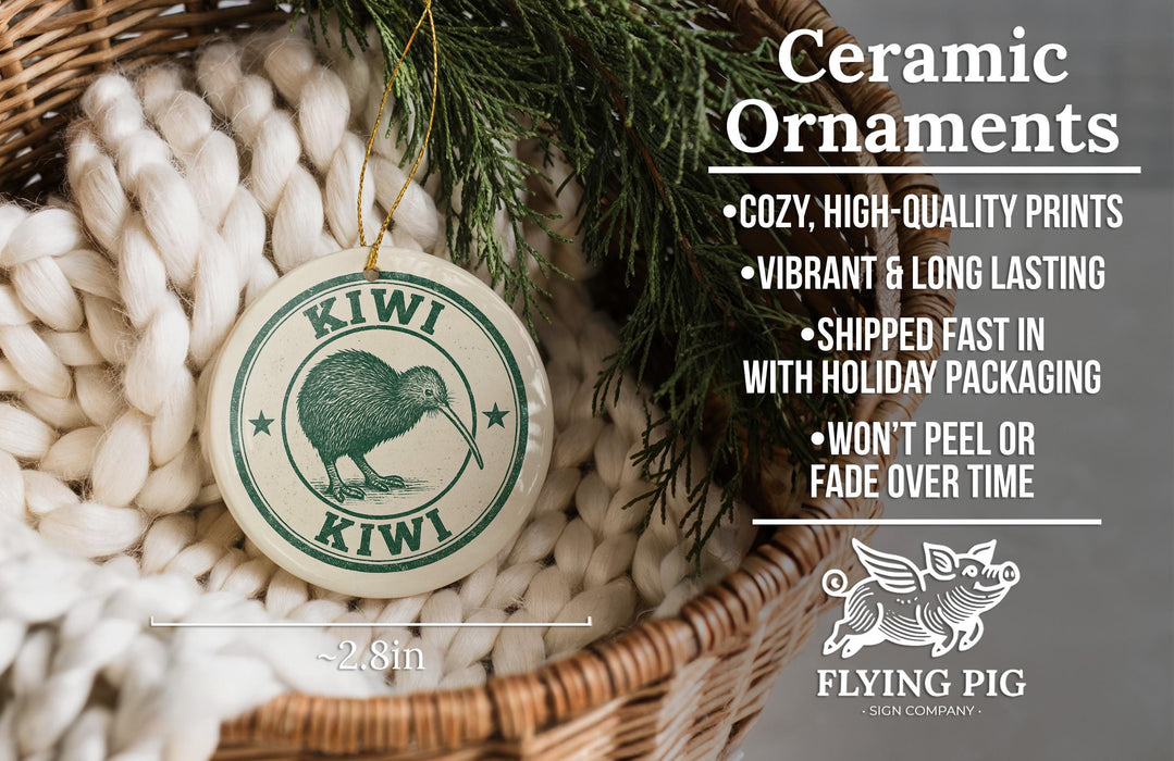 a ceramic ornament in a wicker basket, with a text overlay providing information about the ornament.