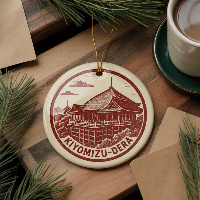 A circular ornament featuring a red and white illustration of the Kiyomizu-Dera temple in Kyoto, Japan, with the text "Kiyomizu-Dera" around the edge. The ornament is hanging from a string, and there is a cup of coffee and some pine branches in the background.