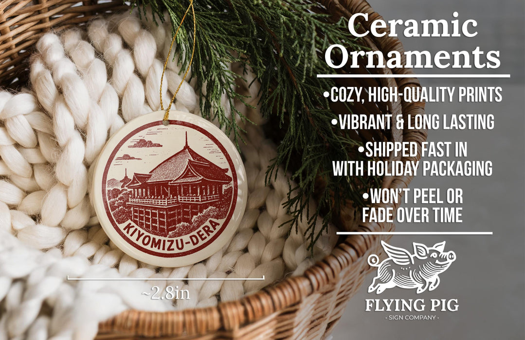 Ceramic ornaments, featuring a ceramic ornament with a red and white design depicting a temple, are displayed in a wicker basket.