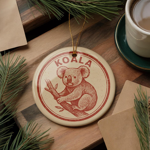 A circular ornament featuring a koala is displayed on a wooden surface, surrounded by pine branches and a cup of coffee.