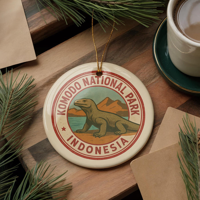 A circular ornament with the text "KOMODO NATIONAL PARK INDONESIA" and an illustration of a Komodo dragon is displayed on a wooden surface, surrounded by pine branches and a cup of coffee.