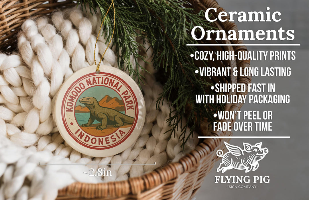 a ceramic ornament with a komodo lorikeet design, placed in a woven basket. The ornament is described as a ceramic ornament, and it is described as a ceramic ornament with a komodo lorikeet design. The image also includes text that provides information about the ornament, such as its coziness, high-quality prints, vibrant and long-lasting, and its shipping speed.
