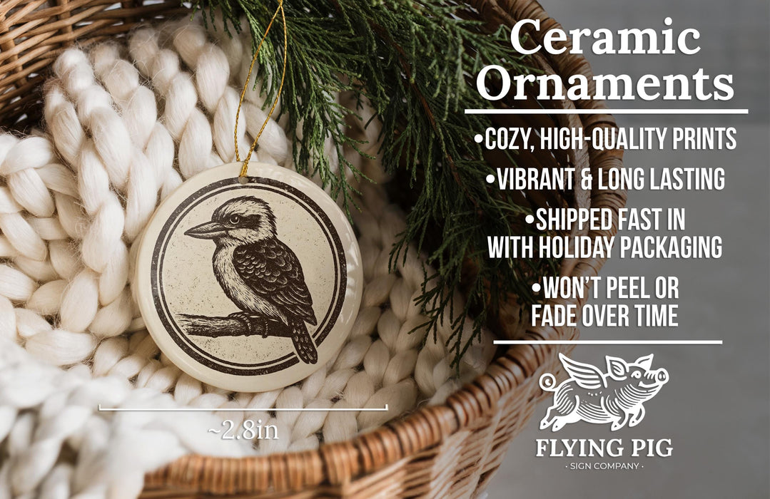 Ceramic ornaments, featuring a ceramic bird ornament hanging from a wicker basket.