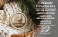 Ceramic ornaments, featuring a ceramic dog ornaments with the name "KUVASZ" and a wicker basket with pine branches.