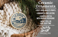 a ceramic ornament hanging from a wicker basket, with a text overlay providing information about the ornament.