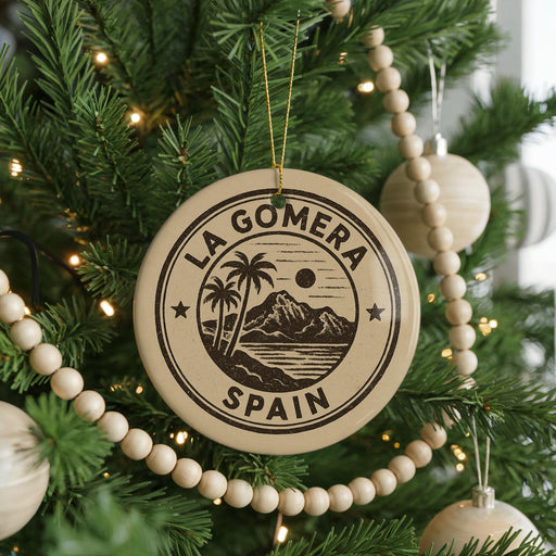 A circular ornament on a Christmas tree, featuring a palm tree and mountains, with the text "LA GOMERA SPAIN" printed on it.