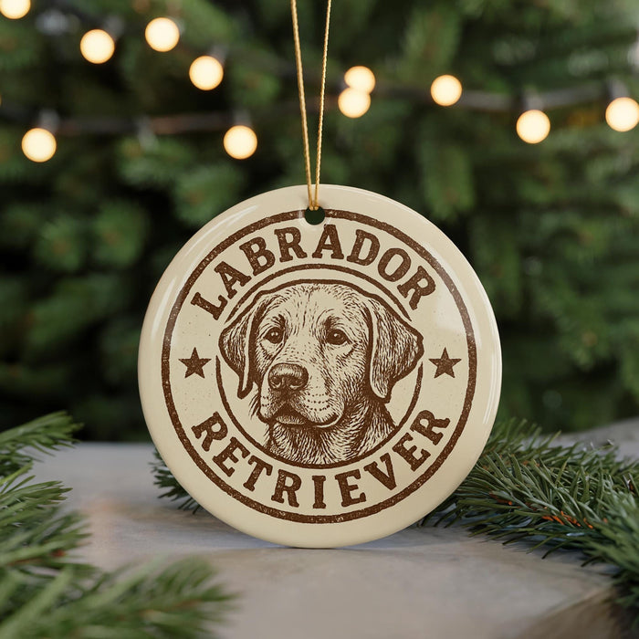 A circular ornament featuring a Labrador Retriever dog's face, with the text "LABRADOR RETRIEVER" printed on it.