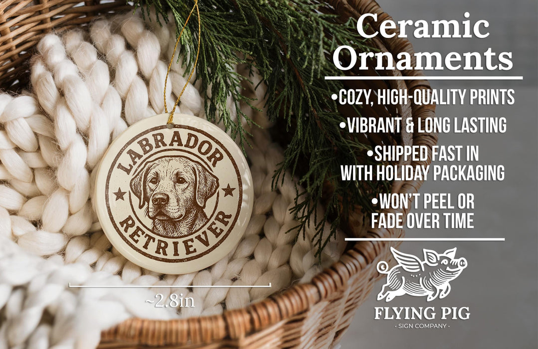 Ceramic ornaments featuring a Labrador Retriever, with text describing the ornaments as "cozy, high-quality prints, vibrant and long lasting, shipped fast in with holiday packaging, won't peel or fade over time".