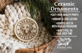 Ceramic ornaments featuring a Labrador Retriever, with text describing the ornaments as "cozy, high-quality prints, vibrant and long lasting, shipped fast in with holiday packaging, won't peel or fade over time".