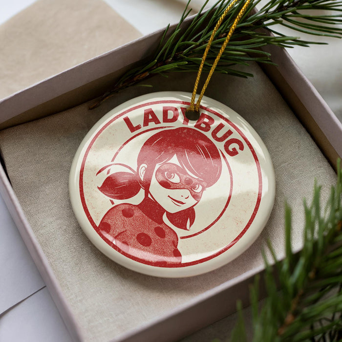 A circular ornament featuring the character Ladybug from the anime series "Ladybug".