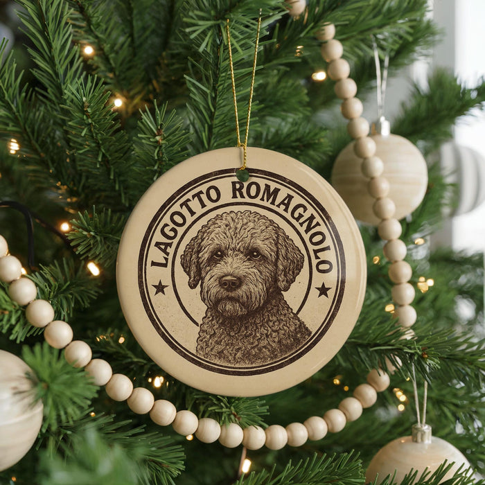 A circular ornament with a dog's face on it, hanging on a Christmas tree.
