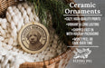 Ceramic ornaments, featuring a dog image, are displayed in a basket with a pine branch.