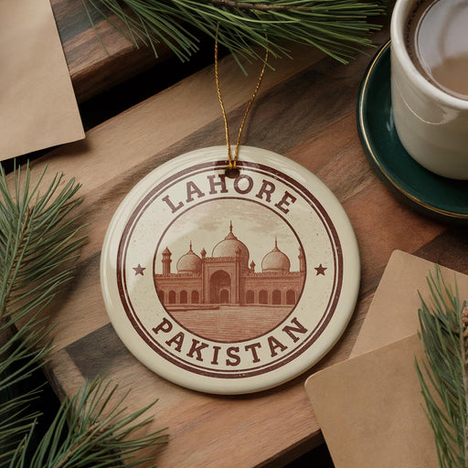 A circular ornament with the text "LAHORE PAKISTAN" and an illustration of a mosque, hanging on a wooden surface.