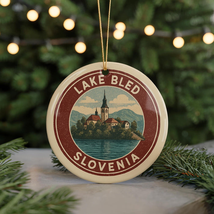 A circular ornament with a picture of Lake Bled and the text "Lake Bled Slovenia" on it, hanging from a string.