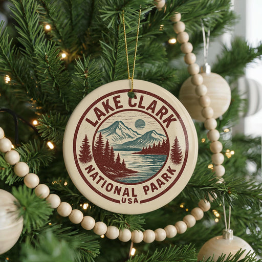 A round ornament on a Christmas tree, featuring a design of Lake Clark National Park with mountains and a lake.