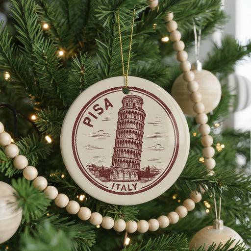 A Christmas tree decorated with ornaments, including a circular ornament with a picture of the Leaning Tower of Pisa and the text "PISA ITALY".