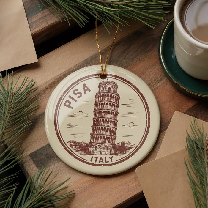 A circular ornament featuring the Leaning Tower of Pisa, a famous landmark in Italy, is displayed on a wooden surface alongside a cup of coffee and some pine branches.