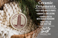 Ceramic ornaments, featuring a design of the Tower of Pisa in Italy, are displayed in a woven basket.
