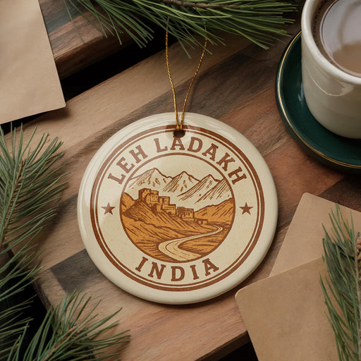 A circular ornament with the text "LEH LADAKH INDIA" printed on it, surrounded by pine branches and a cup of coffee on a wooden surface.