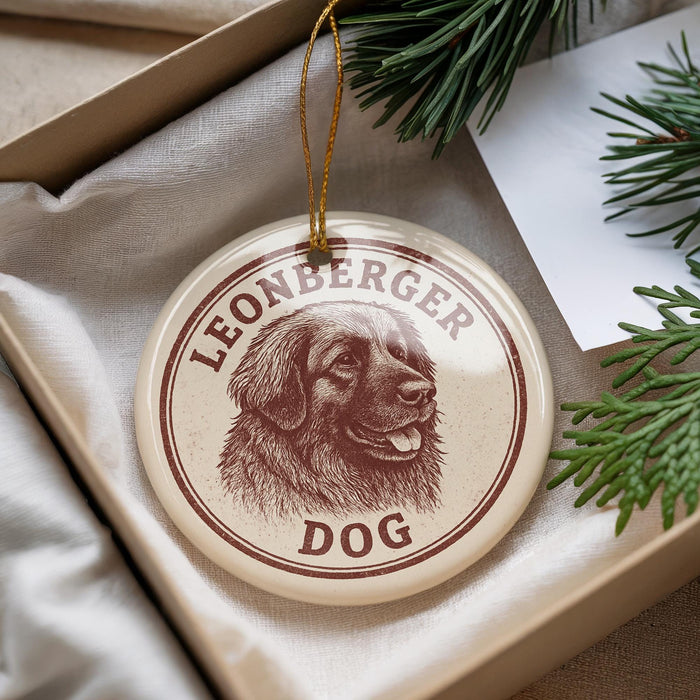 A circular ornament with a brown dog image and the text "LEONBERGER DOG" printed on it, hanging from a string.