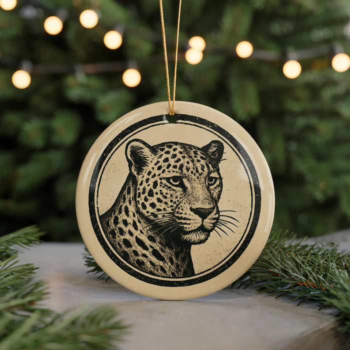 A round ornament featuring a leopard's face is displayed in front of a blurred background of Christmas lights.
