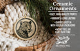 Ceramic ornaments, featuring a leopard print design, are displayed in a wicker basket.
