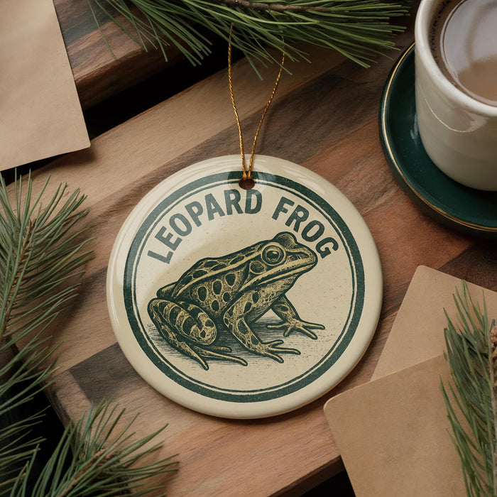 A round ornament featuring a leopard frog design, hanging on a wooden surface with pine branches and a cup of coffee nearby.
