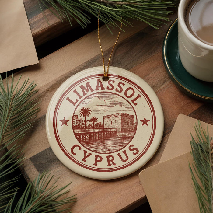 A circular ornament with the text "LIMASSOL" and "CYPRUS" printed on it, surrounded by pine branches and a cup of coffee on a wooden surface.